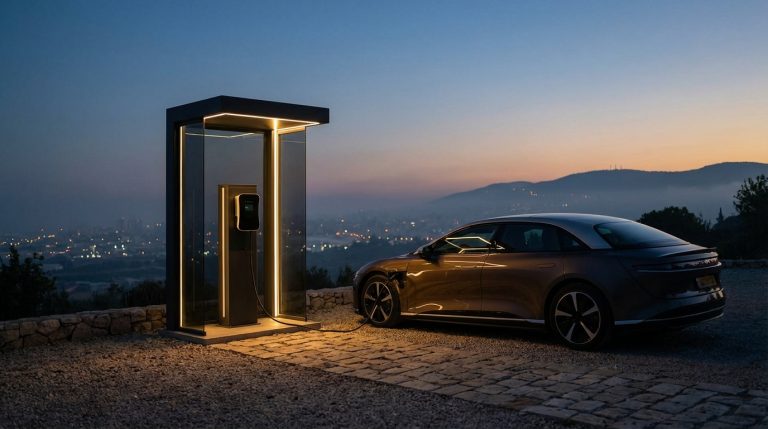 עמדת טעינה ביתית מותקנת בחניה פרטית עם נוף של חיפה ברקע