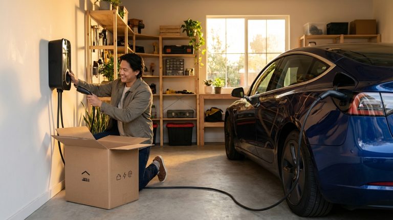 לקוח פותח קופסה של עמדת טעינה חדשה שהגיעה במשלוח עד הבית, ליד רכב חשמלי בחניה.