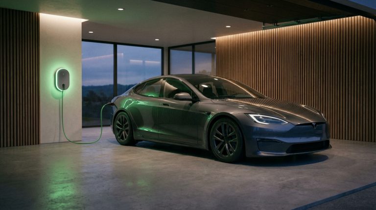 כמה עולה עמדת טעינה ביתית - רכב חשמלי מחובר לעמדת טעינה ביתית בחניה פרטית