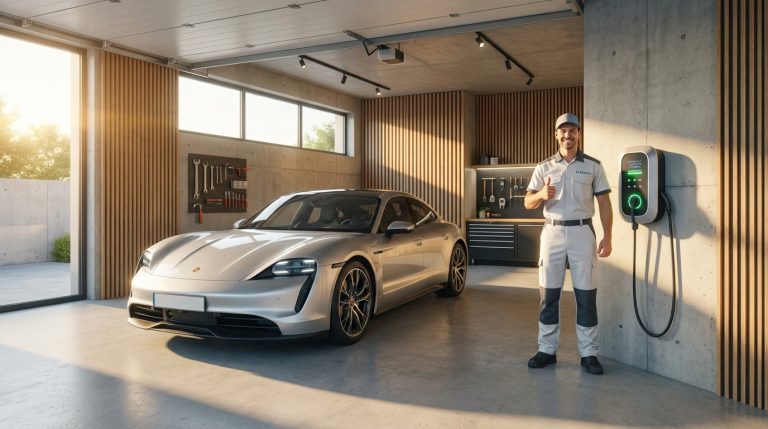 טכנאי של N-Electric מסיים התקנה של עמדת טעינה לרכב חשמלי בחניה פרטית.