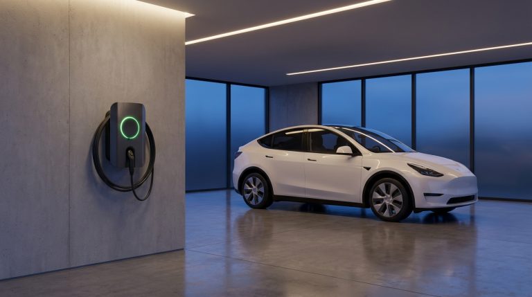 עמדת טעינה חכמה לטסלה מודל Y בחניה פרטית.