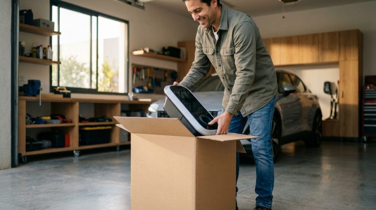 אדם פותח קופסה של עמדת טעינה חדשה בתוך חניה פרטית, כחלק ממדריך רכישה עצמית