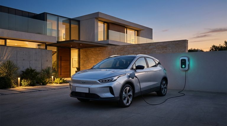 רכב ג'ילי ג'יאומטרי C מחובר לעמדת טעינה ביתית של חברת N-Electric.