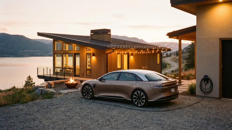 רכב חשמלי נטען באמצעות מטען נייד (כבל סבתא) על רקע שקיעה, המסמל פתרון לחרדת טווח.