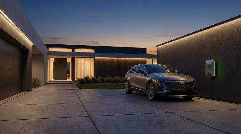 חנייה פרטית עם רכב חשמלי מחובר לעמדת טעינה מודרנית בשעת ערב