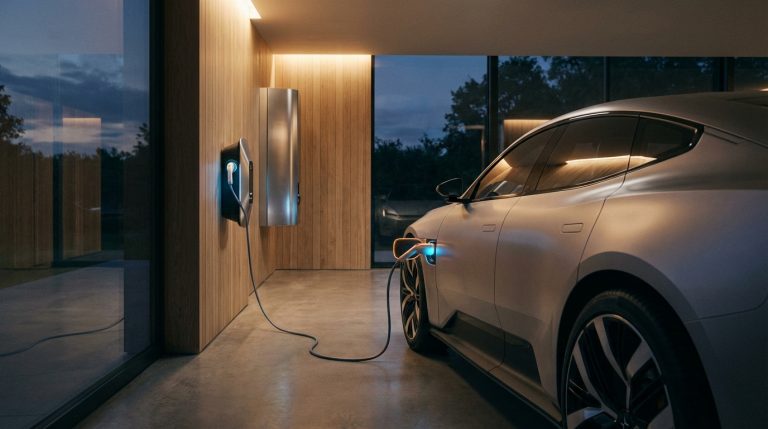 עמדת טעינה תלת פאזי מותקנת בחניה ביתית ומחוברת לרכב חשמלי יוקרתי.