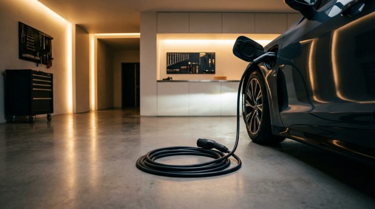 כבל טעינה Type 2 מקצועי מונח ליד רכב חשמלי מודרני בחניה מסודרת, מדגיש בטיחות ואיכות.